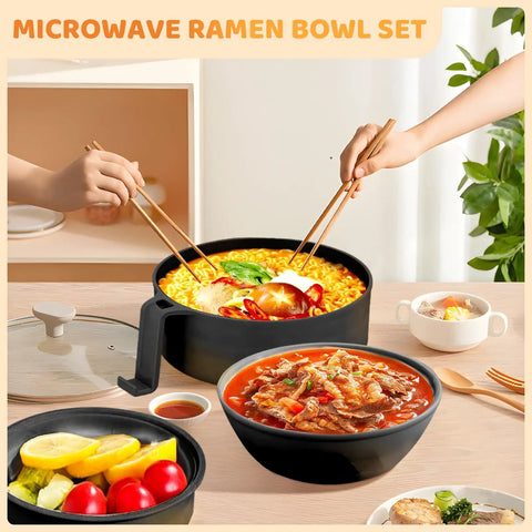 New 3 In 1 Microwave Ramen Cooker Bowl With Lid For Instant Soup Pasta And Rice Maker in black, shown with chopsticks and meals.