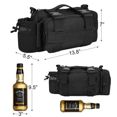 Bike Handlebar Bag With 900D Nylon Water Resistant Tactical Waist Pack For Cycling And Hiking, shown with dimensions