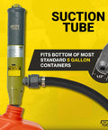 Portable Fuel Transfer Pump With Rubber Hose Battery Or USB C Powered Heavy Duty 4.3 Foot Hose Safety Nozzle Quick Transfer Of Gas Diesel DEF And Water For 3 To 20 Gallon Barrels Perfect For Home Garages And On The Go Jobs showing suction tube fitting a 5-gallon container
