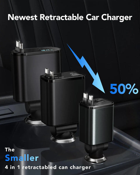 Retractable Car Charger Featuring Hella Convenient 36W Retracted Cable Plus Extra USB C And USB A Ports For Up To 75W Fast Charging Keeps Your Devices Running Smooth, showcasing three sleek chargers.