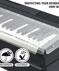 Clear Acrylic Dust Proof Keyboard Cover Shield for Roland FP 30 Series Pianos with water droplets showing waterproof feature.