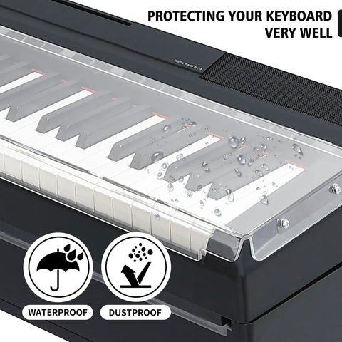 Clear Acrylic Dust Proof Keyboard Cover Shield for Roland FP 30 Series Pianos with water droplets showing waterproof feature.