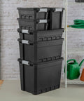Six Pack 10 Gallon Stackable Storage Totes for Home Organization, heavy duty plastic bins with recessed lids and latches