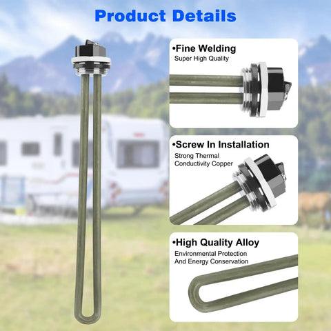 Rugged 1400W RV Water Heater Element Screw In 110V 120V Easy Install for Camper Hot Water. Features screw-in design and high-quality alloy.