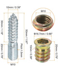 M10x50mm Heavy-Duty Hanger Bolts And M10x20mm Threaded Insert Nuts, detailed dimensions for furniture assembly hardware.