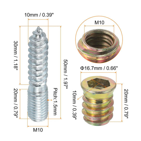 M10x50mm Heavy-Duty Hanger Bolts And M10x20mm Threaded Insert Nuts, detailed dimensions for furniture assembly hardware.