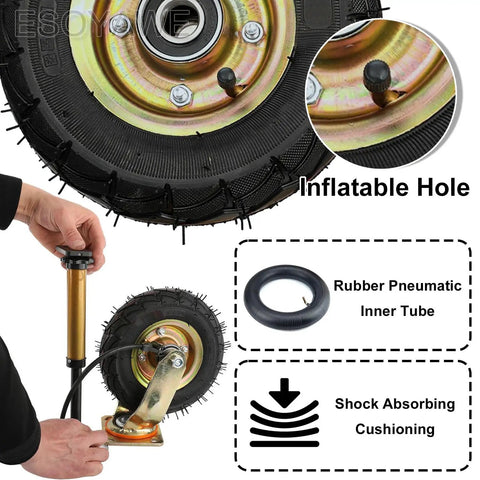 Heavy Duty Rubber Wheel Casters Set Of Four Dead Silent Shock Absorbing Roll Braked Swivel Or Locked Fixed Options Carry 440 Pounds Each Industrial Grade Tires showing inflatable rubber tire and inner tube
