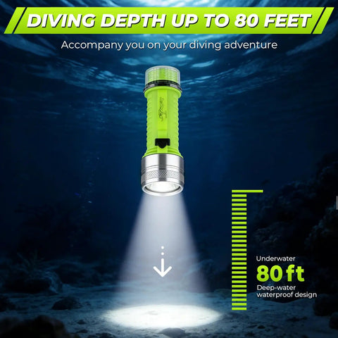 Underwater Diving Flashlight LED Light 1500 Lumen With 3 Modes IPX8 Waterproof Rechargeable Torch 80ft Depth Showcase