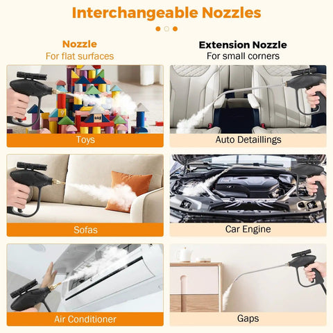 Ultra High Pressure Handheld Steam Cleaner For Auto Detailing And Home Use shown with interchangeable nozzles in action on various surfaces