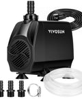 VIVOSUN submersible water pump with 1050 GPH flow, black housing, includes three nozzles, tubing, and hose clamps