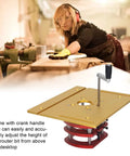 Badass Router Lift For Woodworking Table Insert Plate Motor Mount Swap Smooth Manual Lifting System with crank handle and aluminum plate.