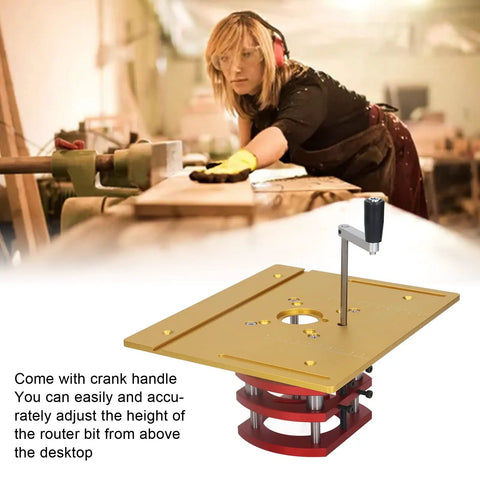 Badass Router Lift For Woodworking Table Insert Plate Motor Mount Swap Smooth Manual Lifting System with crank handle and aluminum plate.