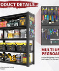 Rock Solid Heavy Duty Garage Shelving Built Like A Tank For Two Thousand Pound Loads Thickened Steel Storage Rack displaying tools and supplies on five tiers with pegboards.