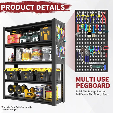Rock Solid Heavy Duty Garage Shelving Built Like A Tank For Two Thousand Pound Loads Thickened Steel Storage Rack displaying tools and supplies on five tiers with pegboards.
