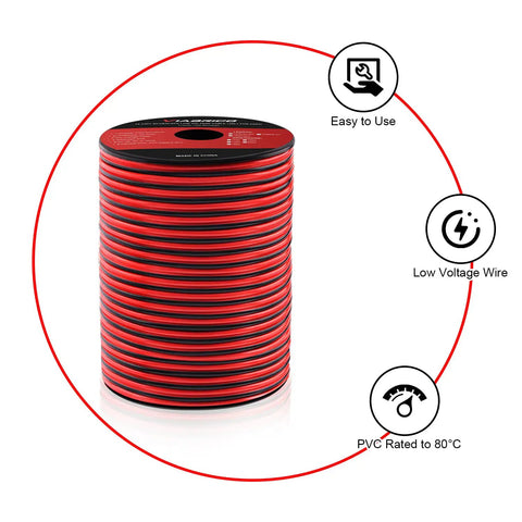 Hella Flexible 14Awg 100Ft Electrical Wire Cable Two Conductor Red And Black CCA Hookup Cord on a spool, PVC jacket for DIY projects.