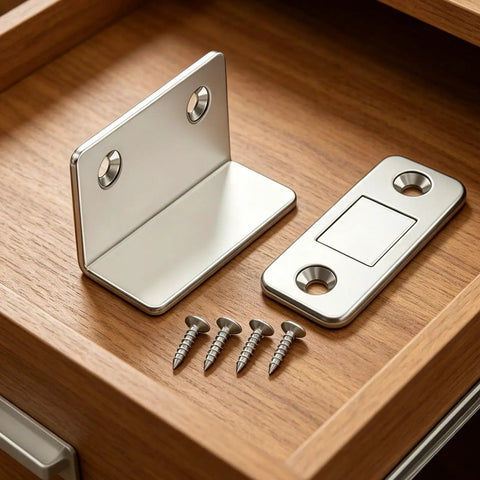 Ultra Slim Magnetic Door Catch Latch for Cabinets and Drawers with screws on wooden surface