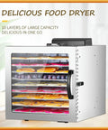 Heavy Duty Stainless Steel Food Dehydrator 10 Hella Spacious Trays BPA Free Fruit Dryer showing layers of dried fruits.