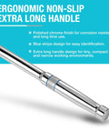 Close-up of Tough As Nails 1/2 Inch Drive Ratchet Wrench With Extra Long Handle And 90 Tooth Design in polished chrome finish.