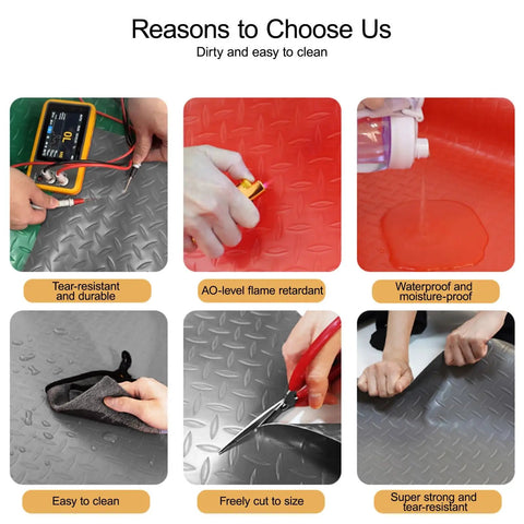 Heavy Duty Cuttable Non Slip Electrical Insulating Mat Waterproof Rubber Safety Flooring Shock Resistant Workzone Cover shown in use with tools, showcasing material durability and easy cleaning.