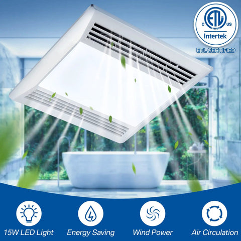 Whisper Quiet Bathroom Exhaust Fan With 15W LED Light, 110 CFM Ventilation for bath, office, hotel showing LED light and airflow