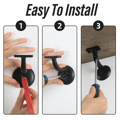Installation steps for Heavy Duty Hand Rail Bracket Set 6 Pack For Stairs And Banisters, Matte Black Zinc Alloy Wall Mounts.