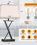 Set Of 2 Modern Table Lamps With USB Ports And AC Outlet, 3 Way Dimmable Touch Control Bedside Lamps With Fabric Shades, Totally Perfect For Bedrooms Or Living Rooms, Bulbs Included, End Table Nightstand Lighting, showing dimensions and bulb details