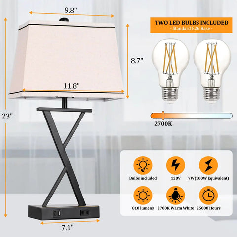 Set Of 2 Modern Table Lamps With USB Ports And AC Outlet, 3 Way Dimmable Touch Control Bedside Lamps With Fabric Shades, Totally Perfect For Bedrooms Or Living Rooms, Bulbs Included, End Table Nightstand Lighting, showing dimensions and bulb details