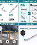 330ft Three Sixteenth Inch Stainless Steel Wire Rope Aircraft Cable For Railing Decking Balustrade DIY Indoor Outdoor 7x19 Strand Rust Resistant Heavy Duty Built To Last Projects And Railings features and benefits illustration with T304 steel, smooth surface, 7x19 strand, and weather protection.