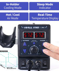 Front view of 2 In 1 Hot Air Rework And Soldering Iron Station For Pros with display showing Fahrenheit and Celsius settings, dual inputs.