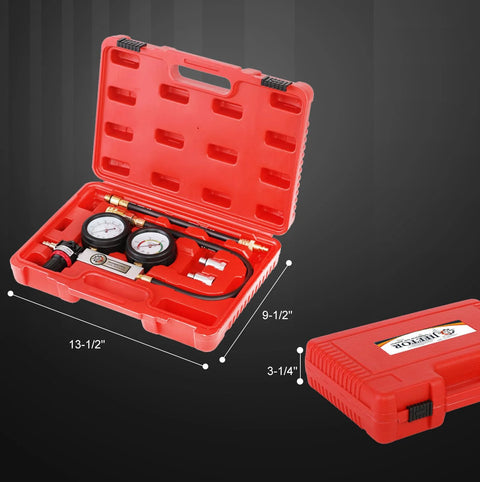 JIFETOR cylinder leak-down tester kit in red plastic case, front view with dual pressure gauges, hoses, and adapters