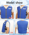 Model wearing Cooling Vest For Men And Women With 24 Ice Packs in blue, showing front, side, and back views, polyester cotton fabric.