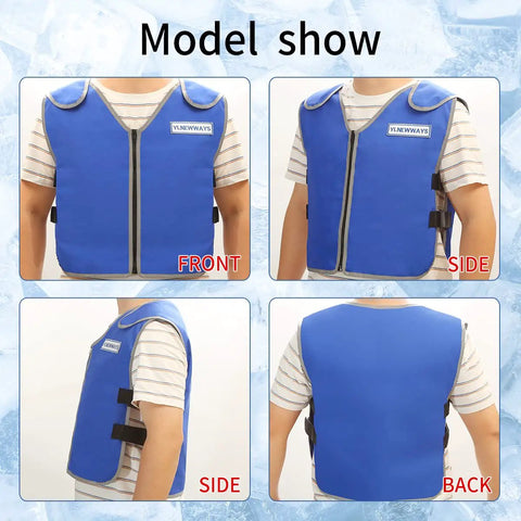 Model wearing Cooling Vest For Men And Women With 24 Ice Packs in blue, showing front, side, and back views, polyester cotton fabric.