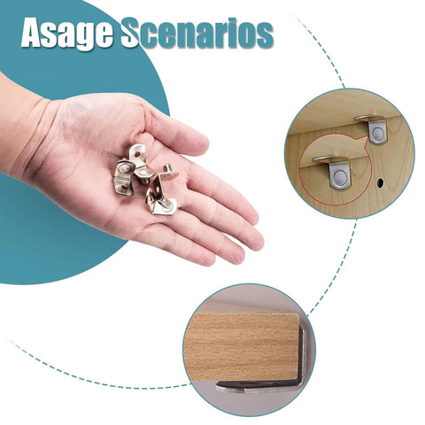 Heavy Duty Nickel Plated Shelf Pins 50 Pack 1/4 Inch L Shaped Cabinet Pegs in hand, showing use in bookshelves and cabinets.