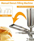Pro Grade Donut Filler Machine 5L Manual Injector with 4 anti drip pipes, stainless steel design, close-up view with cream filling.