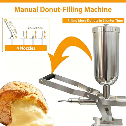 Pro Grade Donut Filler Machine 5L Manual Injector with 4 anti drip pipes, stainless steel design, close-up view with cream filling.