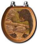 Rustic Round Oak Toilet Seat Veneer With Bear Creek Gang Vibe featuring bear and cubs illustration, chrome hinges, classic oak look.