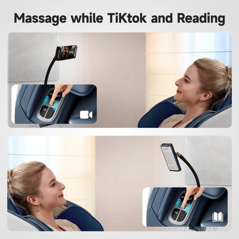 Person relaxing in a Full Body Massage Chair With Phone Controller And Heart Health Readout Zero Gravity 3D SL Track Recliner.