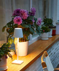 15.4 Inch LED Cordless Table Lamp With 3 Color Dimmable Light illuminating a potted plant on a terrace