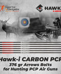Carbon Arrow PCP 376gr six pack bolts with 100gr field tips shown with crossbow and hunting target for accurate shooting