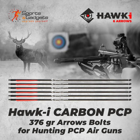 Carbon Arrow PCP 376gr six pack bolts with 100gr field tips shown with crossbow and hunting target for accurate shooting