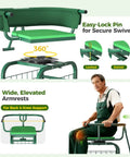 Rolling Garden Stool With Wheels, 360 Degree Swivel Seat And Backrest, tool storage basket, adjustable handle shown in use