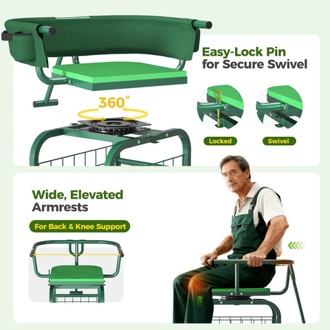 Rolling Garden Stool With Wheels, 360 Degree Swivel Seat And Backrest, tool storage basket, adjustable handle shown in use
