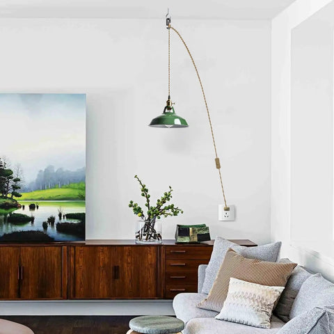 Totally Sleek Modern Green Plug In Pendant Light Featuring Heavy Duty Metal Barn Style Hanging Swag Lamp With Retro Macaron Shade in living room.