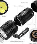 Exploded view of Diving Flashlight DL06 Max 15000 Lumen Scuba Light with 6 LEDs and components labeled