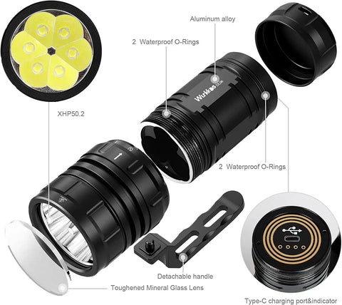 Exploded view of Diving Flashlight DL06 Max 15000 Lumen Scuba Light with 6 LEDs and components labeled
