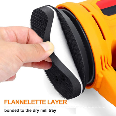 Close-up of hand attaching 5 Inch 8 Hole Interface Pad For 5 Inch Orbital Sander With Hook And Loop Backing Soft Foam Cushion