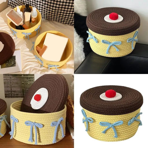 Legit Handwoven Cotton Storage Basket With Snug Dustproof Lid Solid Home Hub Organizer Perfect For Bedroom Clothes And Living Room Gear Nifty Space Saving Set Up You Will Score, multi-angle view with brown lid and light yellow base.