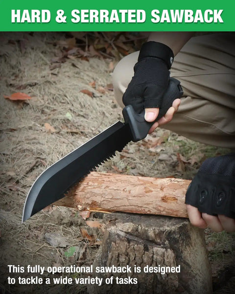16 Inch Heavy Duty Machete With Saw And Sheath for camping, hunting, and jungle clearing cutting wood outdoors