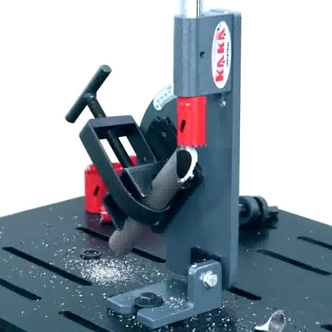 Aluminum Pipe Notcher 0-45 Degree Adjustable For 2 Inch Pipes And Tubes With Built-In Protractor in use, shown on drill press mount
