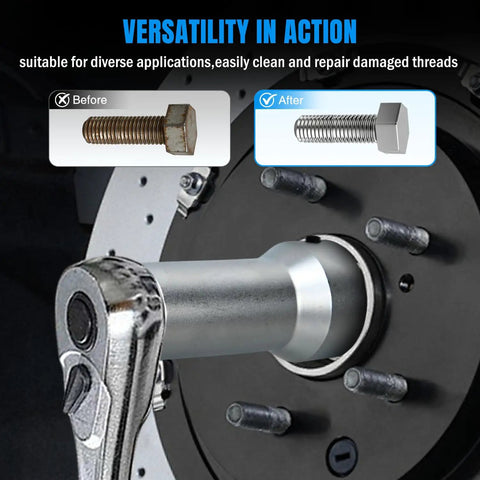 Before and after using 10 Piece Wheel Stud Thread Repair Kit With Case For Replacing Stripped Threads On Axle Spindle Chaser Dies Set
